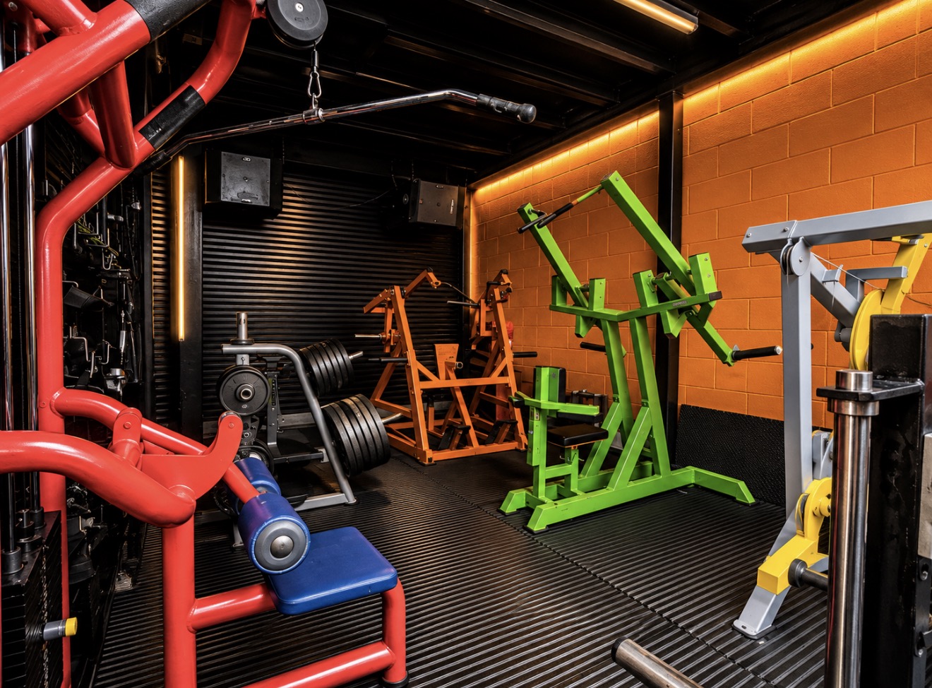 Plate-loaded and pin-selected strength machines against Steel's orange wall