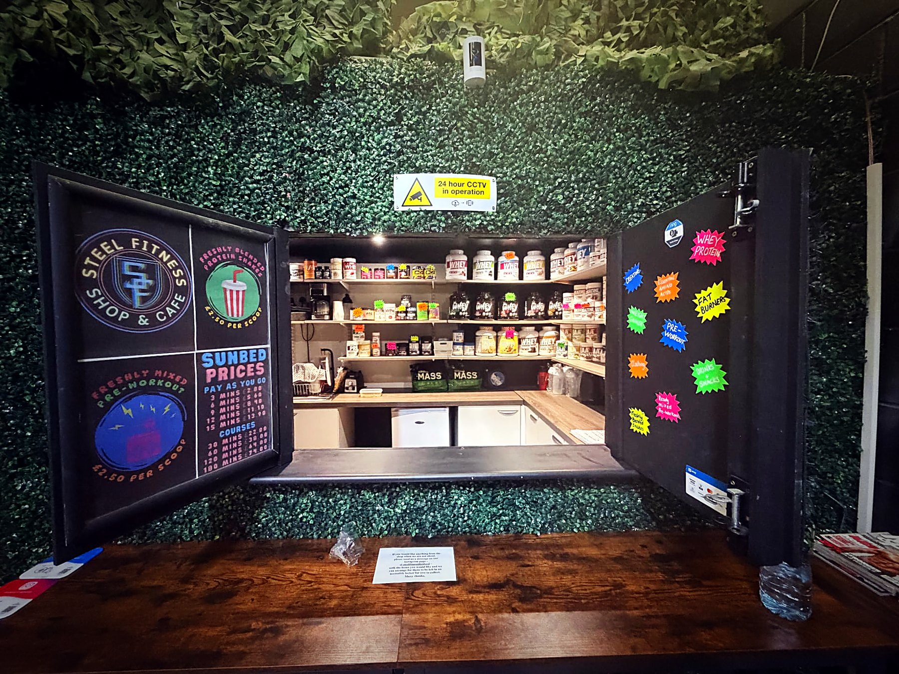 The Steel Fitness shop and cafe hatch stocked with protein and pre-workout