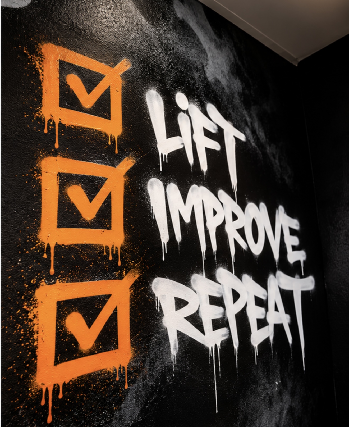Lift, Improve, Repeat wall art in white and orange at Steel