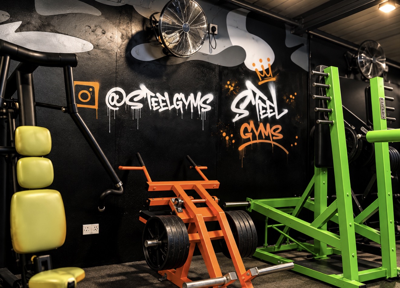 Steel Gyms graffiti behind green and orange plate-loaded equipment